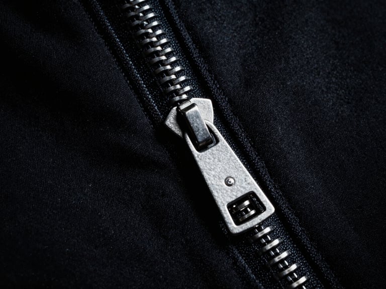 Macro photography of matte silver zipper detail on deep black heavy cotton fabric, dramatic high-contrast side-lighting, sharp metallic highlights, medium format film.