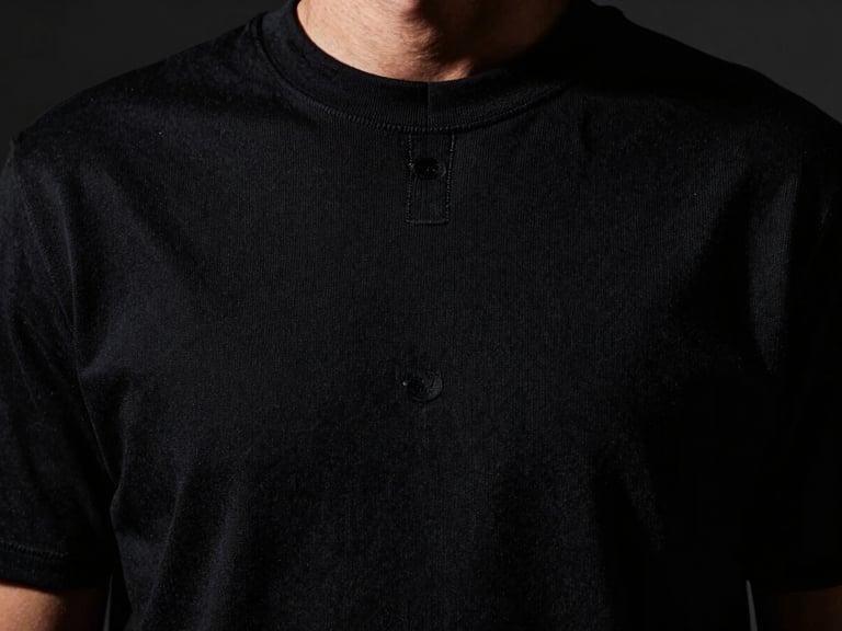 High-fashion crop of a heavyweight black t-shirt collar, showcasing the dense textile weave and precise double-needle stitching under dramatic side-lighting.
