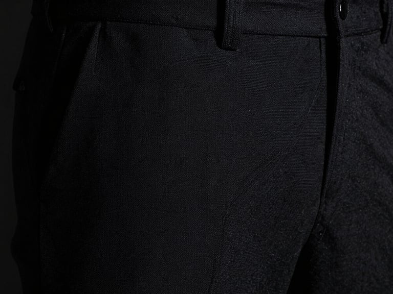 Close-up of heavy-gauge black textile weave on tailored trousers, sharp focus on the architectural seam line, low-key dramatic side-lighting with deep obsidian tones.