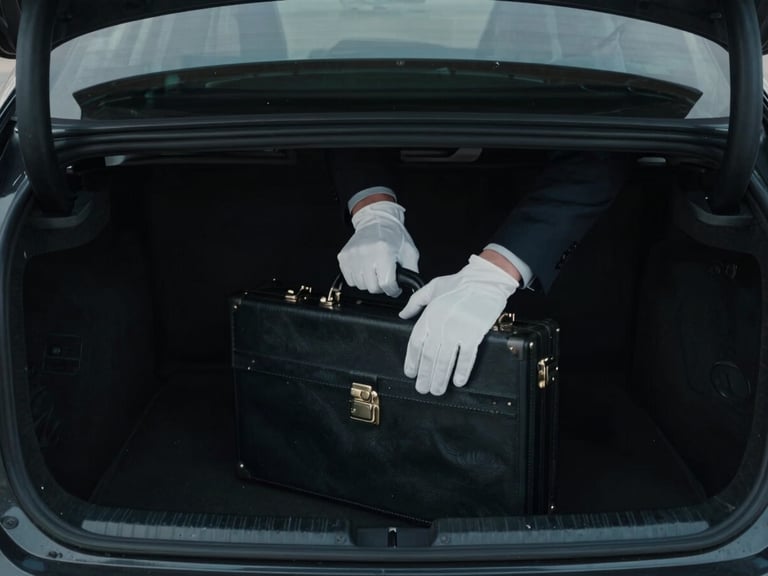 Close-up of a professional driver's gloved hands securing a discreet, locked briefcase in the trunk of a black executive sedan, low-key lighting, cool desaturated tones.