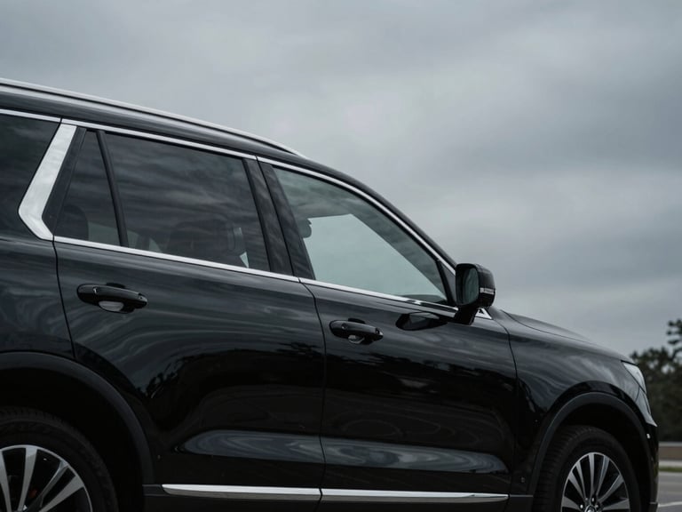Low-angle profile of a black armored executive SUV, polished surface reflecting overcast DC sky, low-key dramatic lighting, cool desaturated tones.