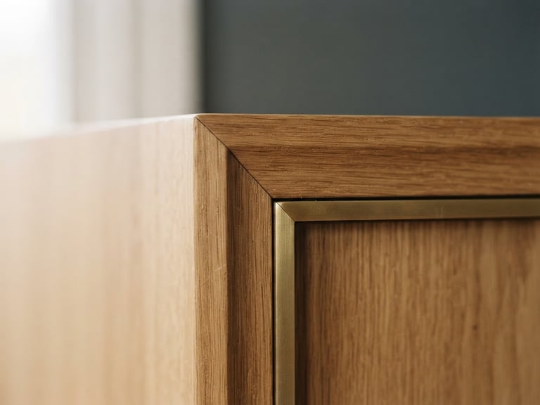 Straight-on macro architectural shot of a perfectly joined solid oak and brushed brass cabinet corner, soft diffused window light, shallow depth of field, 35mm