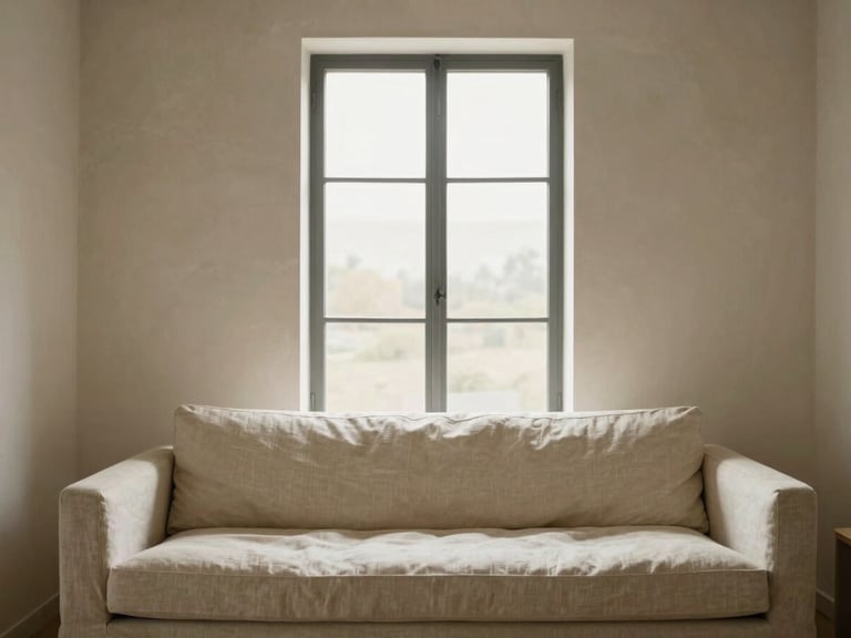 Straight-on architectural elevation of a quiet, minimalist interior room with a low-profile linen sofa, raw plaster walls, and a large window, warm natural light, 35mm