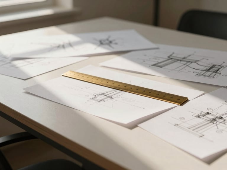Wide shot of a modern design studio desk with clean sketches, a brass ruler, and natural light casting soft shadows, 35mm