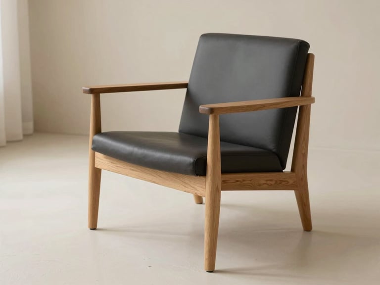 A minimalist solid oak lounge chair with clean geometric lines, soft side light casting gentle shadows on a cream plaster floor, 35mm