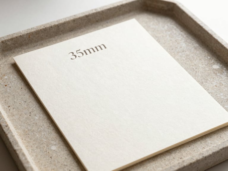 Top-down macro shot of a clean stationery mockup with elegant serif typography pressed into thick cotton paper on a textured stone tray, soft side light, 35mm