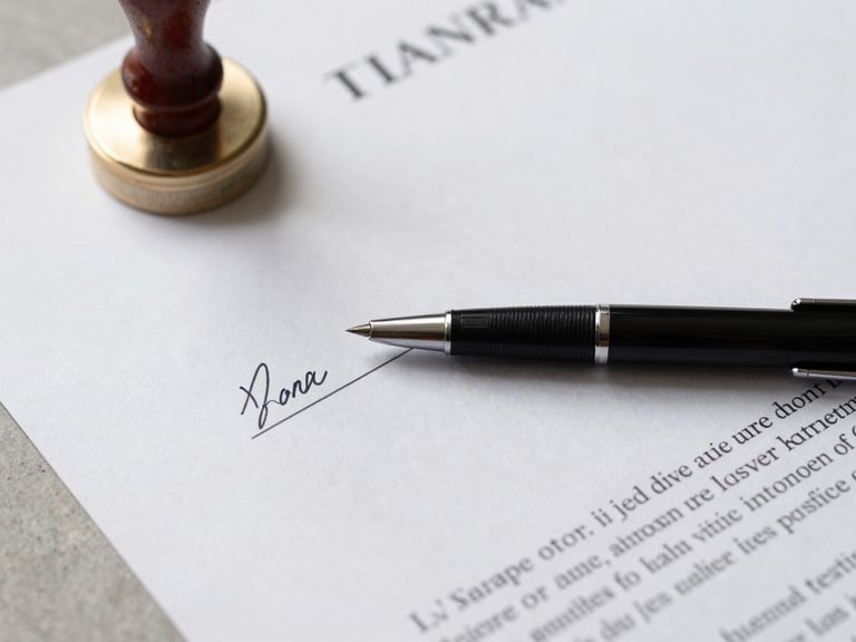 Close-up flat-lay overhead of a signed legal contract on a clean white desk, a precise pen resting at the signature line, a corporate seal partially visible at the corner, studio lighting, no people, crisp and structured