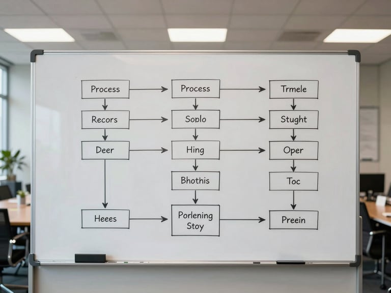 Wide environmental shot of a whiteboard covered in a clean process flow diagram with connecting arrows and labeled boxes, organized meeting room background with visible order, indirect daylight, no people, architectural framing