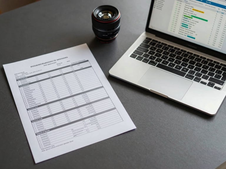 Overhead flat-lay of a financial model spreadsheet printed on paper alongside a laptop screen displaying a cash flow dashboard, organized on a tidy dark grey desk under indirect daylight, no people, systems visible