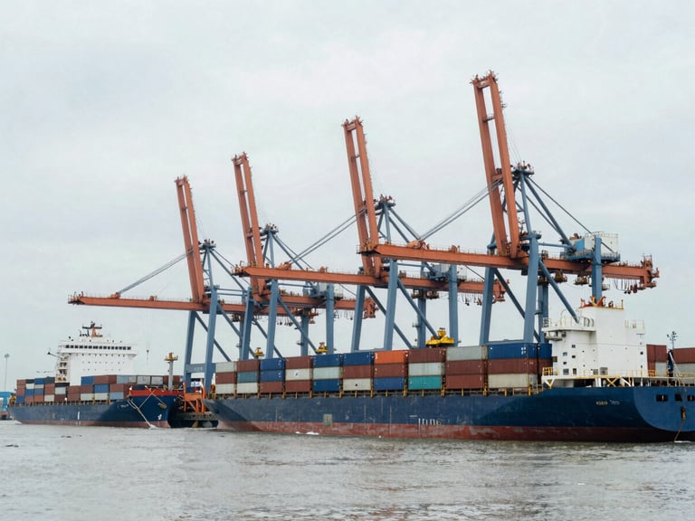 Wide-angle industrial documentary of Chittagong port terminal, massive container ships docked under overcast daylight, steel cranes, cool tones with safety orange accents.