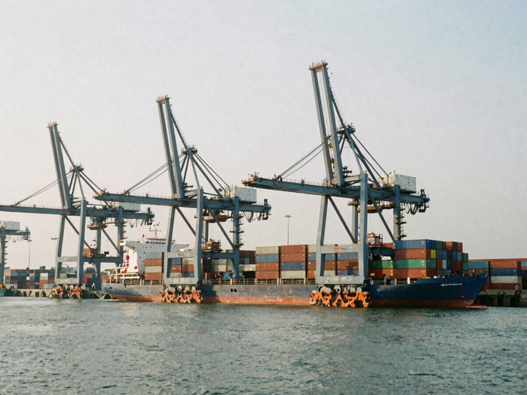 Wide-angle environmental shot of Chittagong container terminal under overcast morning light, steel crane structures framing cargo vessels, cool steel tones, 35mm film grain.