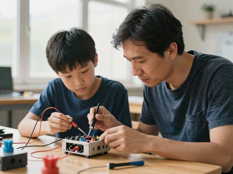 A medium shot of a mentor guiding a student soldering a wire onto a custom 3D-printed device, bright natural workshop light.