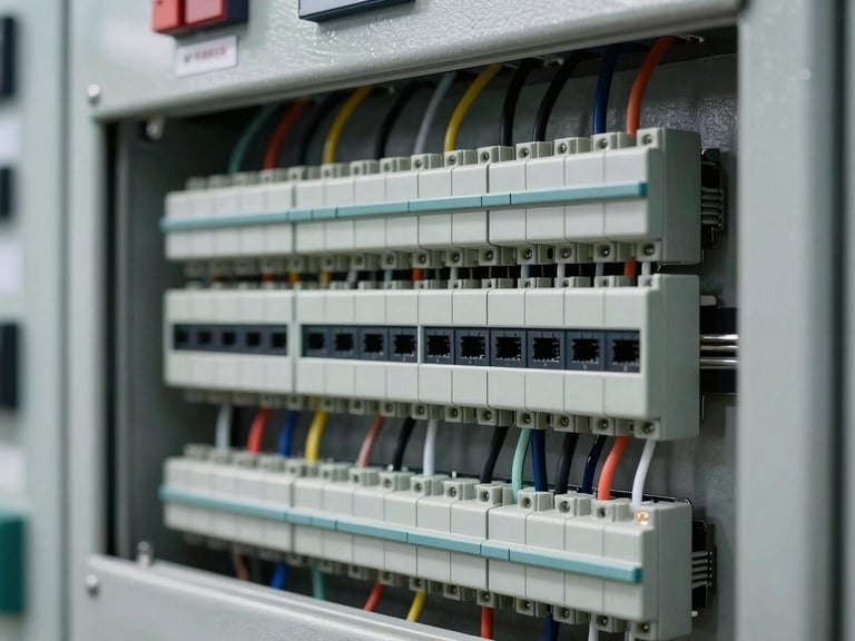 Close-up of industrial control panel wiring, neatly organized terminal blocks and communication modules, sharp technical details, 50mm