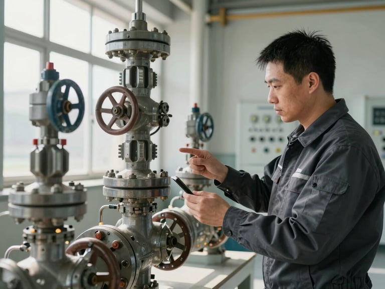 On-site engineer in dark steel-gray protective gear inspecting a high-pressure control valve manifold, natural industrial daylight, high contrast, 50mm