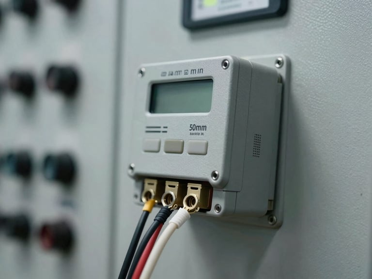 Macro detail shot of calibrated field transmitter with wiring terminals exposed, cool control room ambient light, desaturated steel tones, 50mm