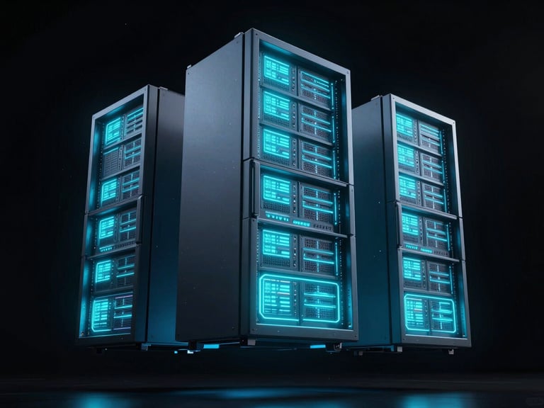 futuristic 3d render of glowing neon server racks floating in deep space, harsh directional key lights, electric cyan telemetry, cinematic