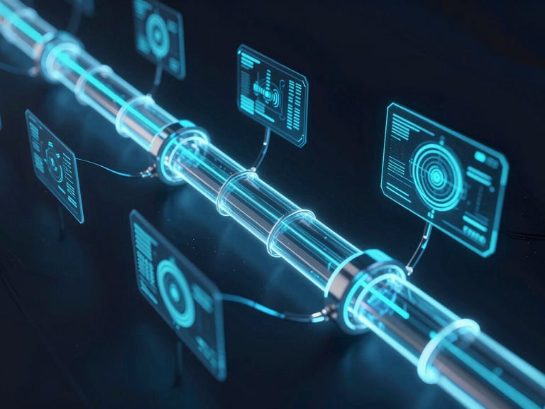 futuristic 3d render of abstract neon telemetry data flowing through glowing digital pipelines, deep obsidian background, octane render
