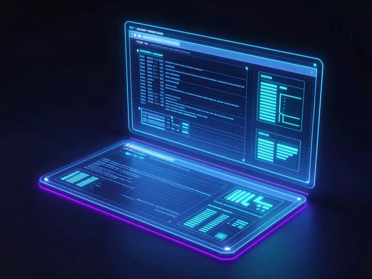futuristic 3d render of glowing holographic blueprints of a website wireframe, deep obsidian background, electric violet glow, octane render