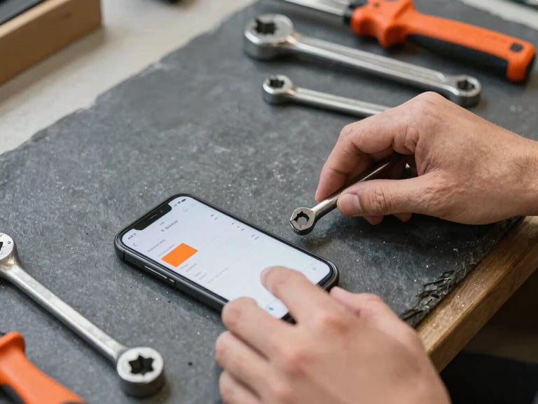 Close-up of hands organizing metal tools on a slate workbench next to a smartphone showing a simple financial chart with orange highlights