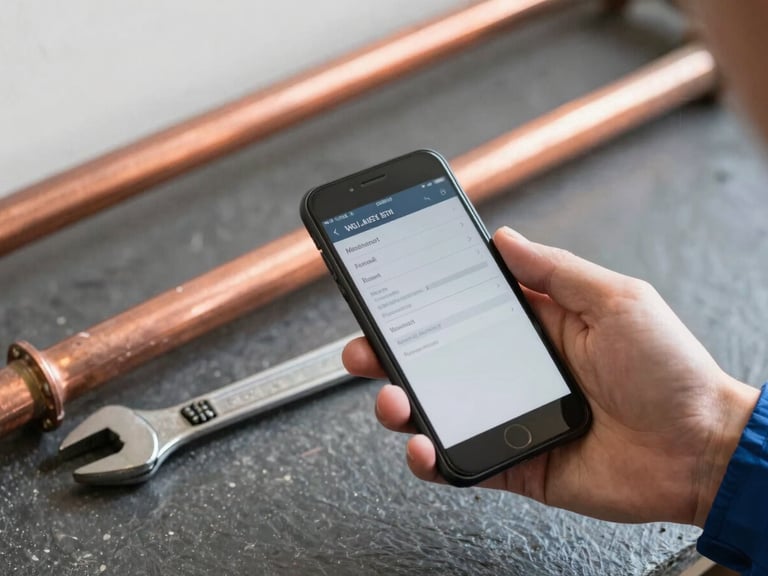 A plumber's hand holding a phone displaying a digital work order, wrench in the background, realistic daylight on a copper pipe