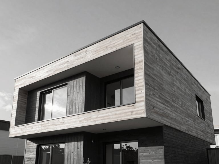 Architectural low-angle photograph of a newly completed modern home exterior with clean timber and charcoal siding, crisp morning daylight, high-contrast desaturated gray tones, sharp focus, 35mm lens.