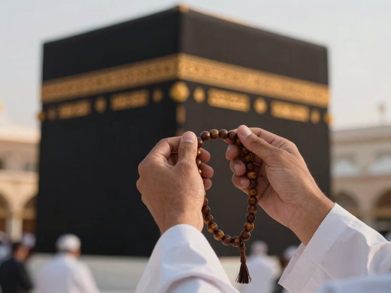 Close-up of a pilgrim's hands holding wooden prayer beads against the soft-focus background of the Kaaba, warm golden hour light