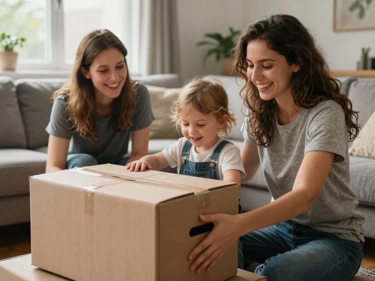 Une famille souriante ouvrant des cartons dans un salon lumineux à Ottawa, lumière naturelle du jour, plan moyen chaleureux.