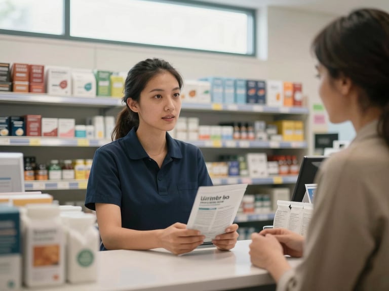 Medium shot of a staff member behind a clean retail counter in conversation with a customer, both looking at a clearly labeled product package on the counter, clean overhead window light, organized shelving visible in background, professional and approachable atmosphere