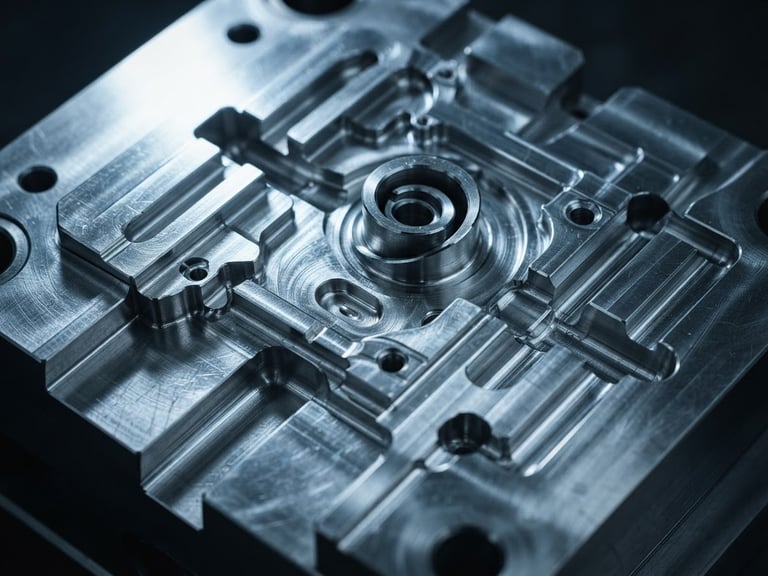 Macro close-up of a highly polished steel mold core with micron-level precision tolerances, dramatic cool industrial studio lighting, metallic textures and deep shadows, 35mm lens