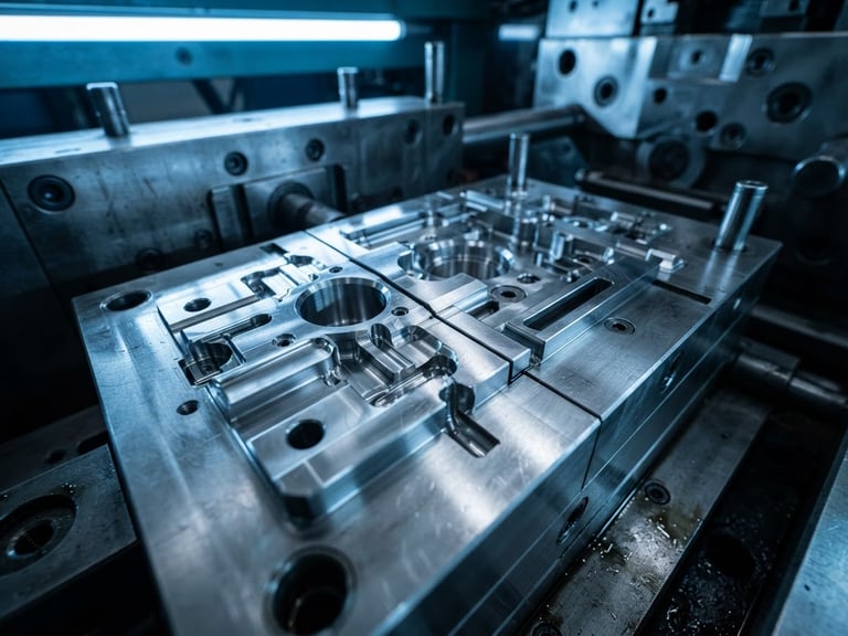 Macro close-up of a high-precision polished steel mold core with clean parting lines, cool blue industrial lighting, sharp details, 35mm