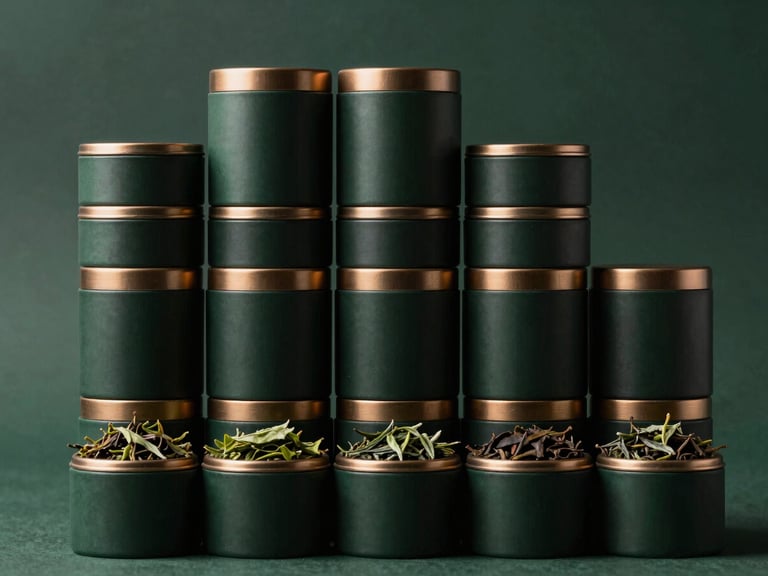 Structured, elegant arrangement of premium tea leaves and agricultural exports in dark minimalist containers, deep forest green background, metallic bronze accents