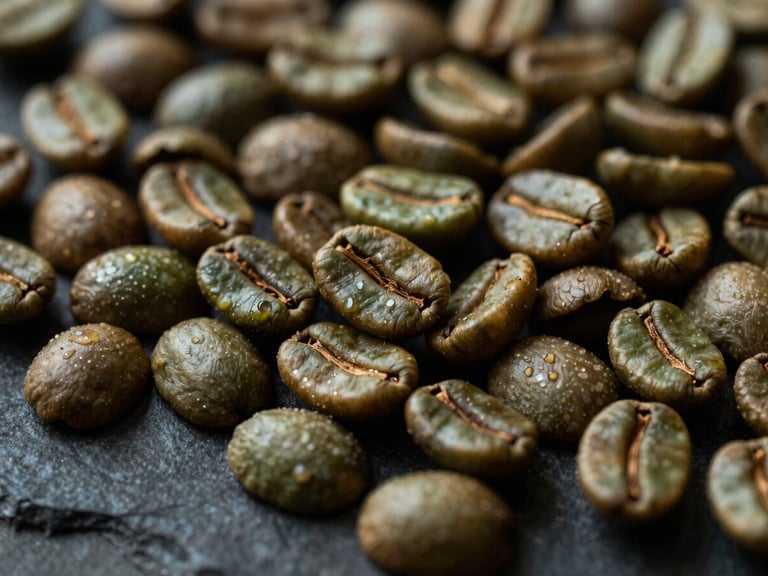 Close-up of raw green coffee beans on a dark stone surface, rich shadows, soft directional side-light, metallic glints, dark moody editorial photography