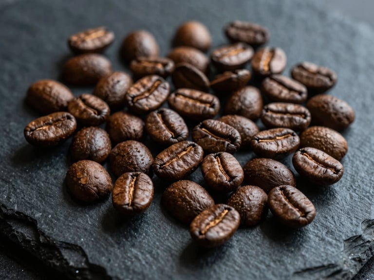 Raw and roasted coffee beans scattered elegantly on a dark slate surface, soft side-light highlighting the texture and rich brown tones, macro detail