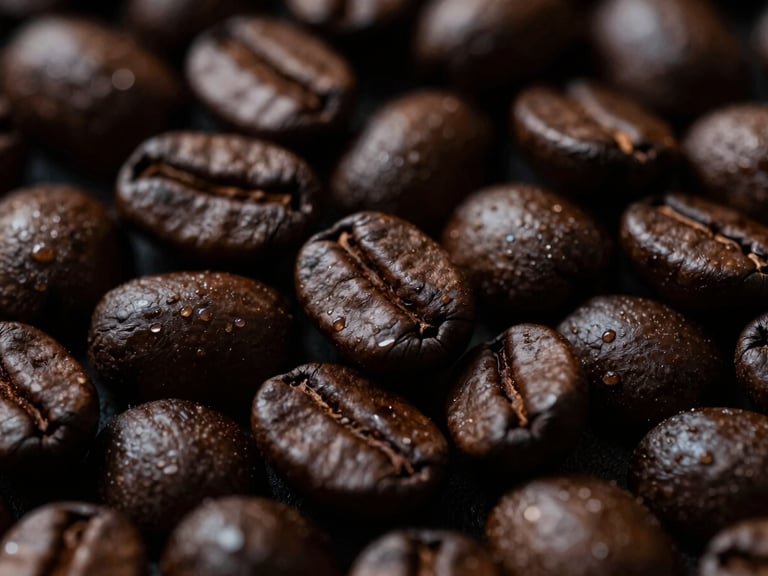 Close-up of freshly roasted coffee beans, dark brown, rich texture, dramatic low-key lighting, soft directional side-light, metallic glints, dark moody editorial photography