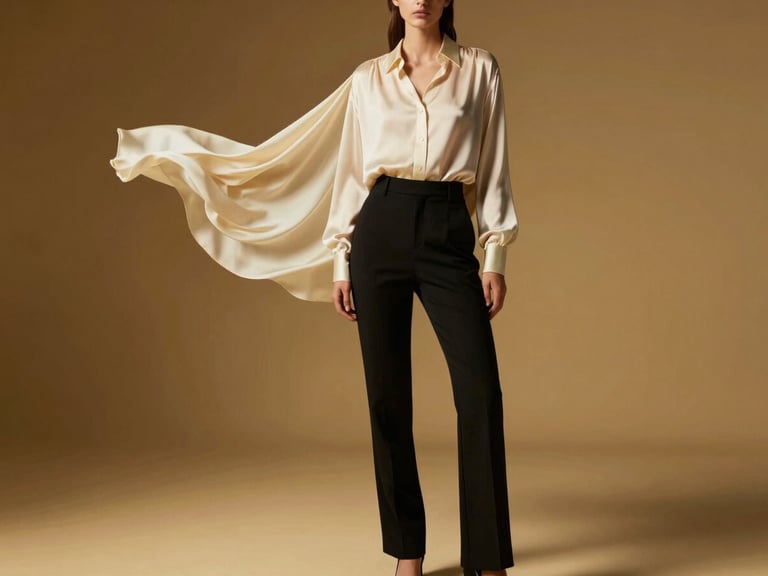 Editorial full-body shot of a model wearing a flowing silk cream shirt and black tailored trousers, high-contrast studio lighting with golden highlights