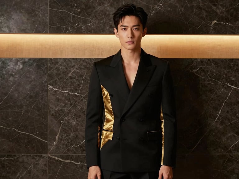 Editorial medium shot of a man wearing a structured gold-accented black blazer, standing against a minimal dark marble wall, warm architectural lighting