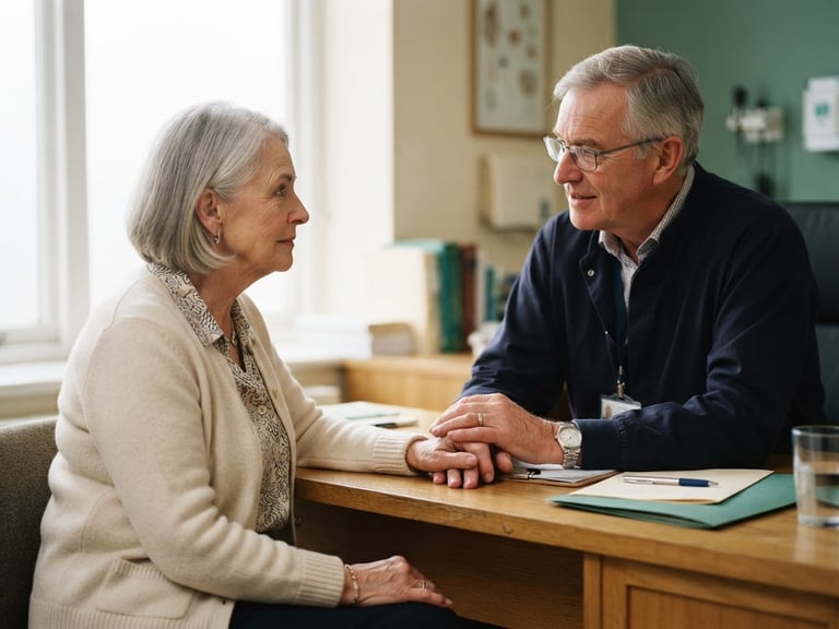 Medium close-up of a senior surgeon in quiet consultation with a patient under soft natural window light, muted emerald tones, shallow depth of field