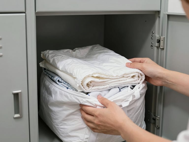 Close-up of hands placing a neatly folded laundry bag back into an open locker, locker interior lit by ambient daylight from outside, grey locker door edge visible