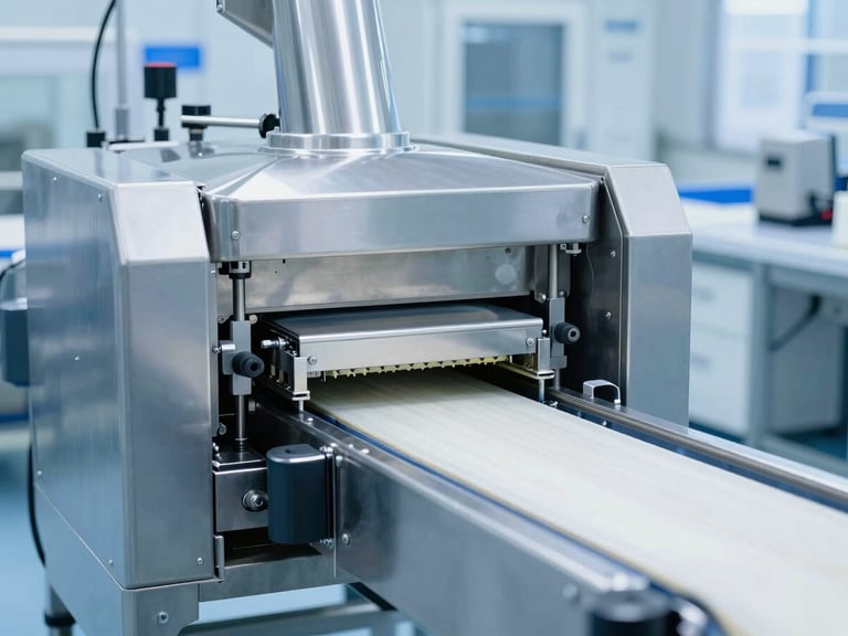 Spotless industrial food-processing machinery, stainless steel conveyor belts, bright clinical daylight, crisp blue tones, professional depth of field