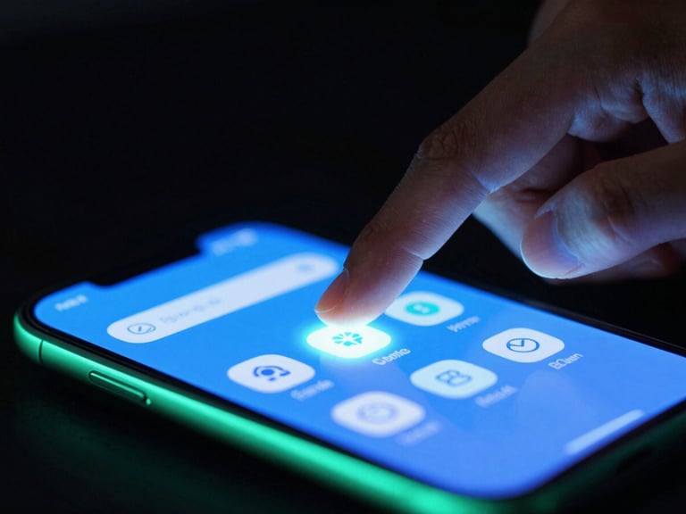 Macro close-up of a hand interacting with a glowing electric blue mobile application interface, neon mint accents, dark high-contrast background, sleek tech photography, 8k resolution