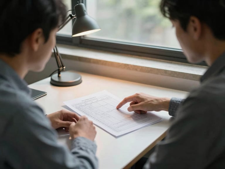 Wide shot of two people seated across a small desk, a printed spreadsheet and forms between them, one person pointing at a line item, desk lamp lit, natural daylight from a window behind