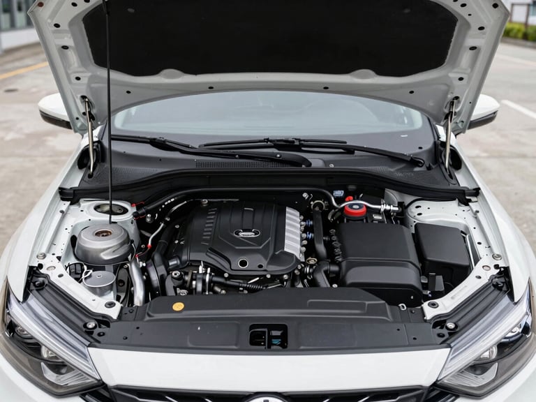Crisp automotive photography of an open hood under natural overcast daylight, a clean engine bay with sharp details, 35mm lens