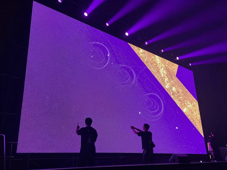 Low-angle shot of professional technicians setting up a massive LED video wall on a stage, purple backlighting, cinematic haze, high contrast