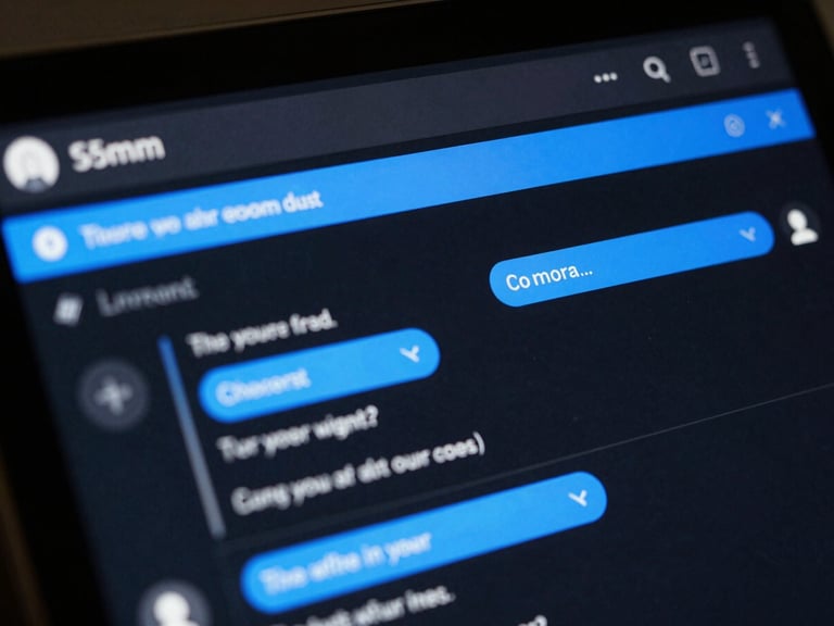 Close-up of a clean dark-mode customer support interface with automated message routing indicators, dark-toned editorial photography, cool low-key ambient lighting, sharp electric blue highlights, high-contrast, shallow depth of field, 35mm