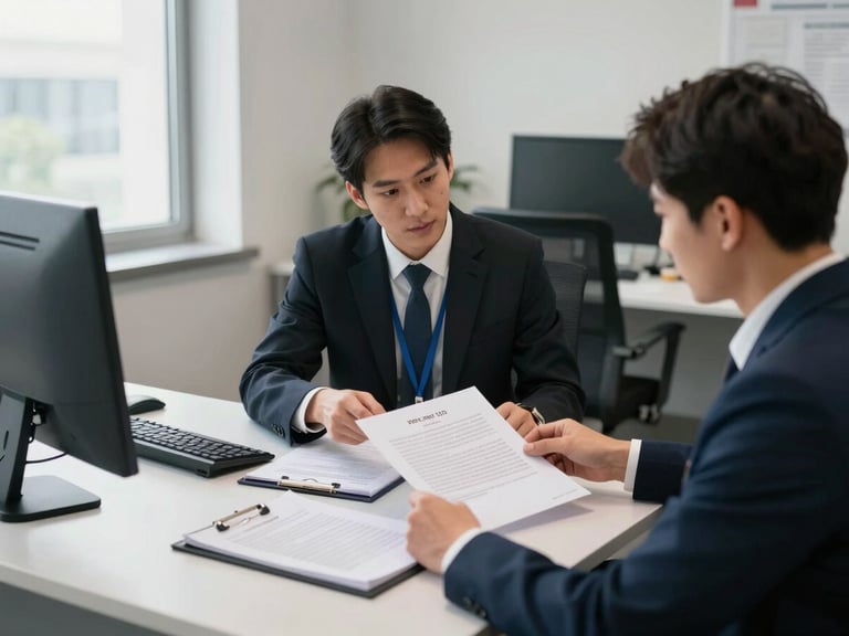 Environmental wide shot of a crewing office interior, a staff member in professional attire seated at a desk reviewing a printed contract with a seafarer seated across from them, boarding papers and a certification folder open on the desk, natural window light from the left side