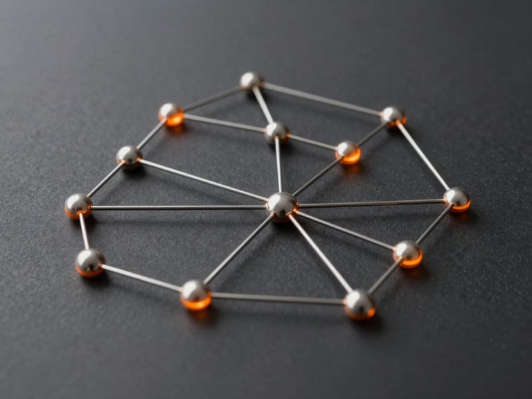 A highly refined custom modern node diagram showing clean connected lines and orange glowing data points over a dark graphite background, architectural and technical style