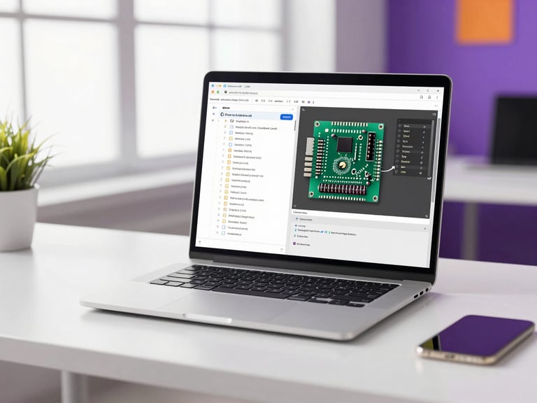A clean modern tech workspace with a laptop displaying a running microcontroller simulator and structured project folders, bright natural daylight, purple accents.