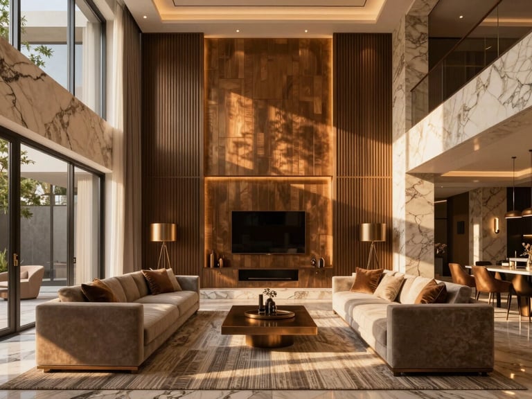 photorealistic 3D architectural render of a soaring double-height living room, warm interior ambient lighting accentuating bronze finishes and travertine walls, 8k