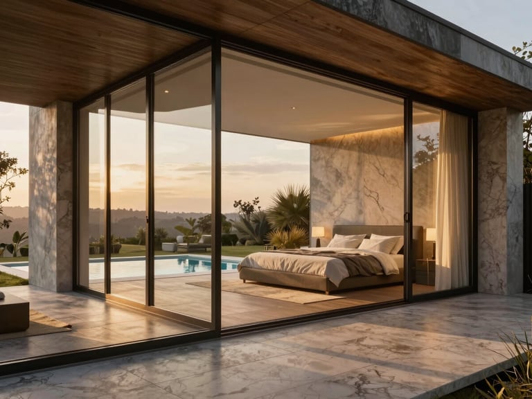 photorealistic 3D architectural render of a master suite with floor-to-ceiling glass, soft twilight glow illuminating private terrace plunge pool outside, 8k