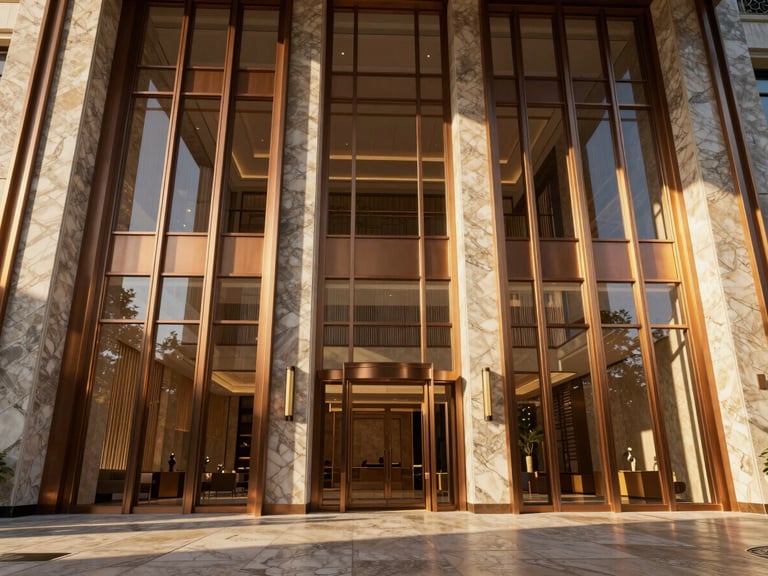 photorealistic 3D architectural render, warm golden-hour sunlight highlighting a soaring travertine lobby with towering bronze-framed glass walls, dramatic shadows, 8k